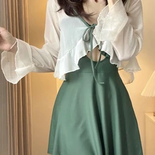 Limonluckj Women Swimsuits 2 Pieces Set Solid Long Sleeve Blouse Backless One-pieces Swimwear Summer New Korean Ladies Beachwear