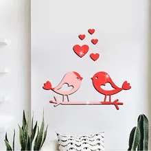 Love Birds Acrylic Mirror Stickers Waterproof Self-adhesive Valentine's Day 3D Wall Stickers vinilo decorativo pegatinas