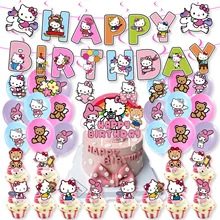 Lovely Hello Cat Theme Balloon Party Decoration Girl Birthday Party Supplies Flag Banner Cake Toppers Kids Toys