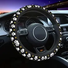 Lovely Trendy Pattern Of Paw Steering Wheel Cover White Dog Paws Steering Wheel Protector Universal Fit 37-38cm Car Accessories