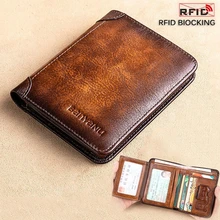 Men Wallet Genuine Leather Trifold Wallet Vintage Thin Short Multi Function ID Credit Card Holder Male Purse Money Small bag