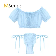 Mens Sissy Lingerie Set Underwear Nightwear Two-piece Off Shoulder Ruffled Crop Top Low Rise Lace-up Frilly Thongs Mini Briefs