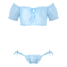Mens Two-piece Sissy Lingerie Set Underwear Nightwear Off Shoulder Ruffled Crop Top Low Rise Lace-up Frilly Thongs Mini Briefs