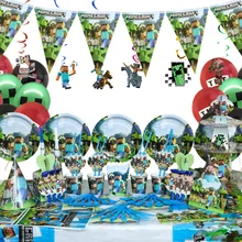 Miner Crafting Pixel Game Party Decorations Kids Birthday Party Disposable Tableware Cups Plates Balloons Baby Shower Supplies