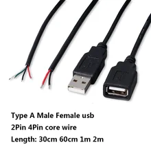 New 10pcs Type A Male Female USB 2pin 4Pin core wire DIY Charging test data Cable 30cm 60cm 1m 2m