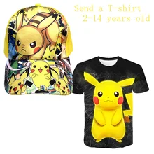 New Anime hat+T Shirt Pokemon cap Kids Boys Girl Clothes Pikachu Fashion Cartoon Costume 4-14 Year Children Clothing Pokemon Top