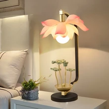 New Chinese Lotus Table Lamp Metal Base Ceramic Bedside Light Retro Art Zen Lamps Bedroom Living Room Study Led Lotus Light Pink