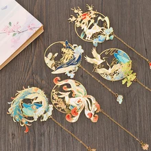 New Chinese Retro Folding Fan Design Brass Bookmark Tasseled Hollowed Book Clip Pagination Mark Stationery School Office Supply