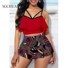 Newest Red Vintage Retro Print Bikini Sets Women Ruffle High-waist Tankini Two Pieces Swimsuits 2022 Girl Boho Bathing Suits
