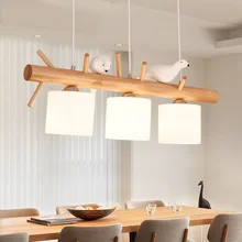 Nordic Personality Bird Restaurant Chandelier Solid Wood Long Strip White Glass LED Chandelier 2/3 Heads Living Room Study Lamp