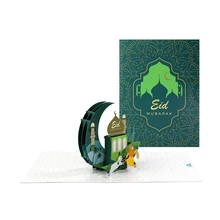 Paper Pop Up Festive Card Eid Mubarak Greeting Card 3D Castle Moon Message Card with Envelopes for Eid Religious Holiday