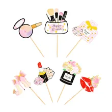 Perfume Lipstick Makeup brush Cake Toppers Happy Birthday DIY Cupcake Flags Flower Cake Baking Decor 