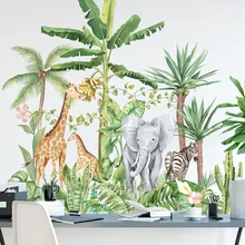 Plant Wallpaper Sofa Bedroom Background Stickers Tropical Rainforest Elephant GiraffeWall Sticker DIY Home Wall Decals