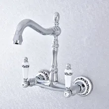 Polished Chrome Brass Ceramic Base Wall Mounted Bathroom Kitchen Sink Faucet Swivel Spout Mixer Tap Dual Ceramic Handles msf770
