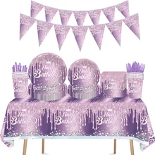 Purple Theme Baby Girl Birthday Party Decorations Diamond Paper Plate Napkin Tablecloth Kids Adults Wedding Party Supplies