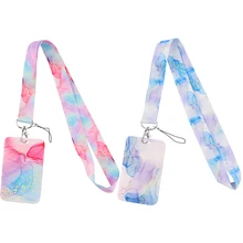 Ransitute R2504 Painting Art Pink Blue Marble Pattern Lanyard Credit Card ID Holder Badge Women Bank Business Card Cover Badge
