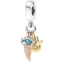 Rose Feather Blue Evil Eyes Pendant DIY Fit Pan Charms Bracelets Women Boho Golden Hand of Fatima Palm Beads for Berloque Making