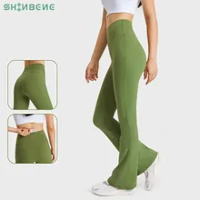 SHINBENE 32" Women's Casual Bootleg Yoga Pants High Waisted Nylon Workout Pants Flare Leggings with Hidden Pocket