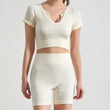 Seamless U Neck Yoga Set Women Sportwear Workout Short Sleeve Crop Top Gym Clothing Sports Shorts Two Piece Set Female Clothing
