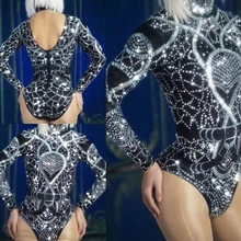 Sexy Sparkly Crystals Dance Leotard Rhinestones Stretch Bodysuit Performanace Costume Stage Wear Celebrate Shining Outfit