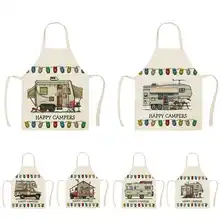 Sketch Happy Camping RV Campers Car Printed Kitchen Apron Household Cleaning Cooking Accessories Antifouling Sleeveless Bib