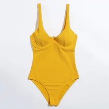 Solid Yellow One Piece Swimsuit Women Sexy Cut Out Push Up Underwire Swimsuit Summer Bathing Suit Backless Beach Wear Monokini