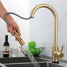 Stainless Steel Kitchen Pull-out Faucet Induction Hot and Cold Telescopic Brushed Gold Black Touch Faucet