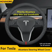 Steering Wheel Cover For Tesla Model 3 Y S X Alcantara 4 Seasons 36-39 CM Diameter Black Car Interior Accessories 2019-2022