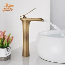 Suguword Bathroom Waterfall Basin Faucet Antique Brass Deck Mounted Hot and Cold Water Mixer Tap Short Tall Type Crane