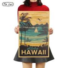 TIE LER Aloha Hawaii Famous Tourist Landscape Painting Kraft Paper Bar Poster Vintage Decorative Painting Wall Sticker 51x34cm