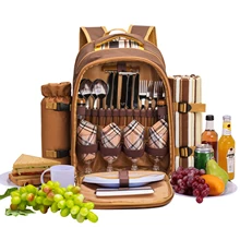 Tourbon Picnic Backpack Camping Thermal Insulation Cold Storage Bag for 4 Person with Cooler Compartment  Drink Holder  Blanket