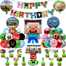 Video World Game Balloons Happy Birthday Banner Ballons Cake Topper Party Decoration Creep Mining Pixel Kid Disposable Tableware