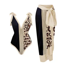 Vintage V-Neck Leopard Colorblock Print One-Piece Swimsuit Swimwear Women With Cover Up Swiming Suit 2022 Luxury