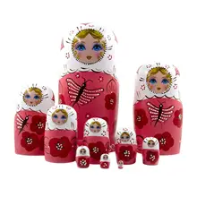 Wooden Girls Russian Nesting Dolls Kits Pink Dragonfly 10 Pieces Handpainted