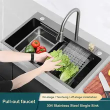 YUJIE Kitchen Stainless Steel Single Sink Gun Grey Handmade Raindance Waterfall Sink Anti-Scratch Vegetable Wash Basin AE01DB-03