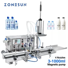 ZONESUN 4 Nozzles Magnetic Pump Automatic Desktop Liquid Water Filler with Conveyor Alcohol Ethanol Perfume Filling Machine